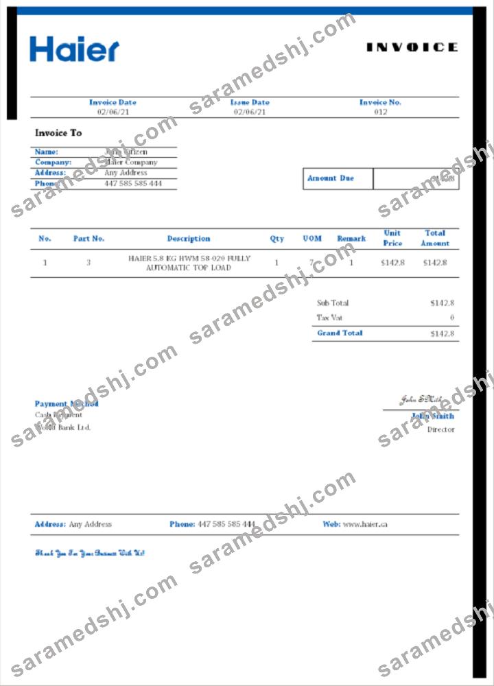 USA Haier invoice